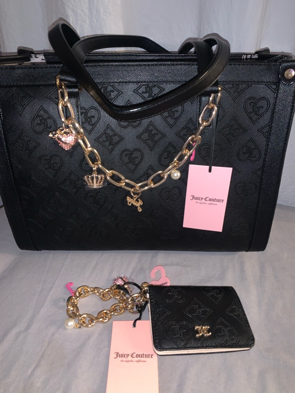 🆕-Juicy Couture LIQUORICE Embossed Tote & Gold Charm Wallet Set